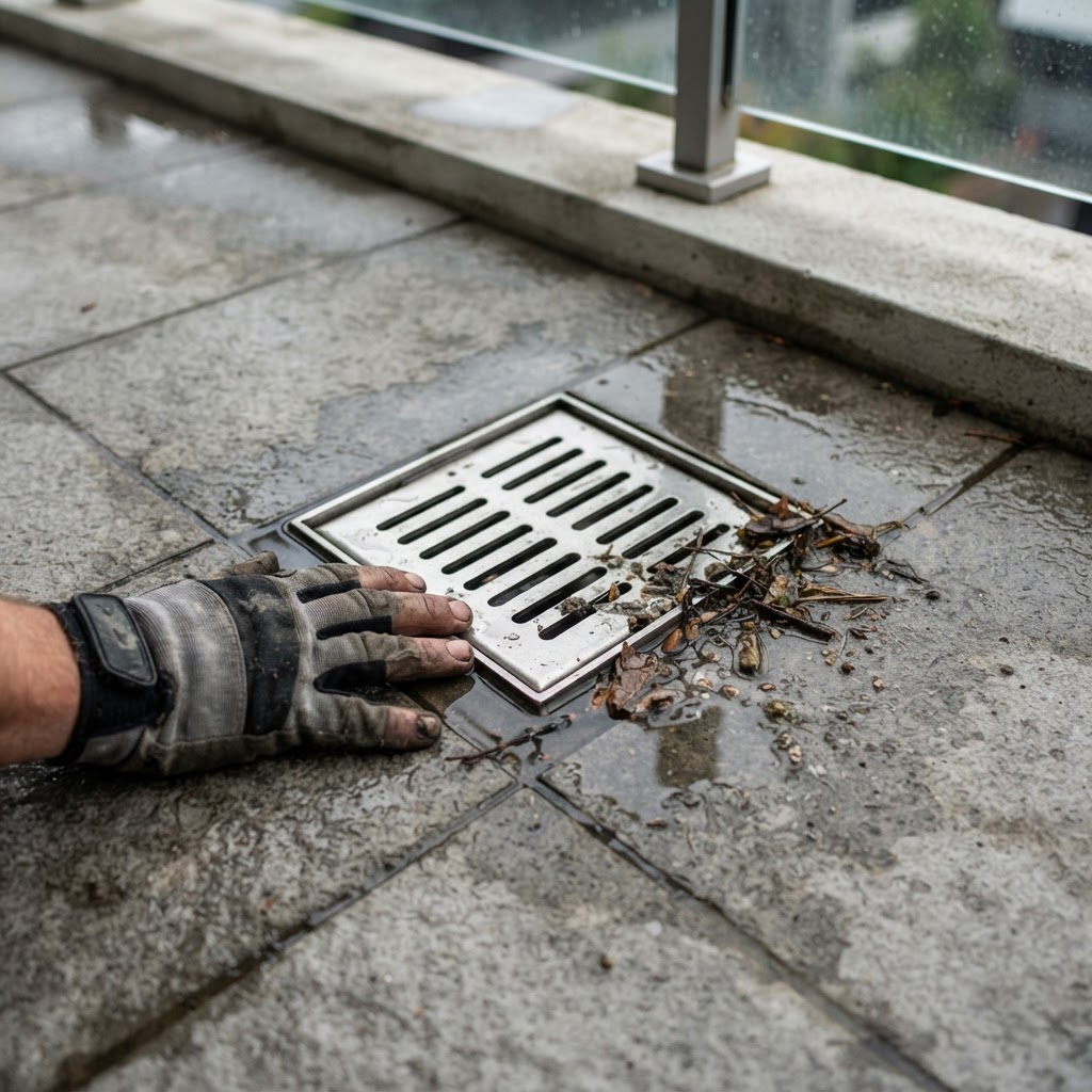 Balcony drainage outlet being inspected for ponding and water ingress issues