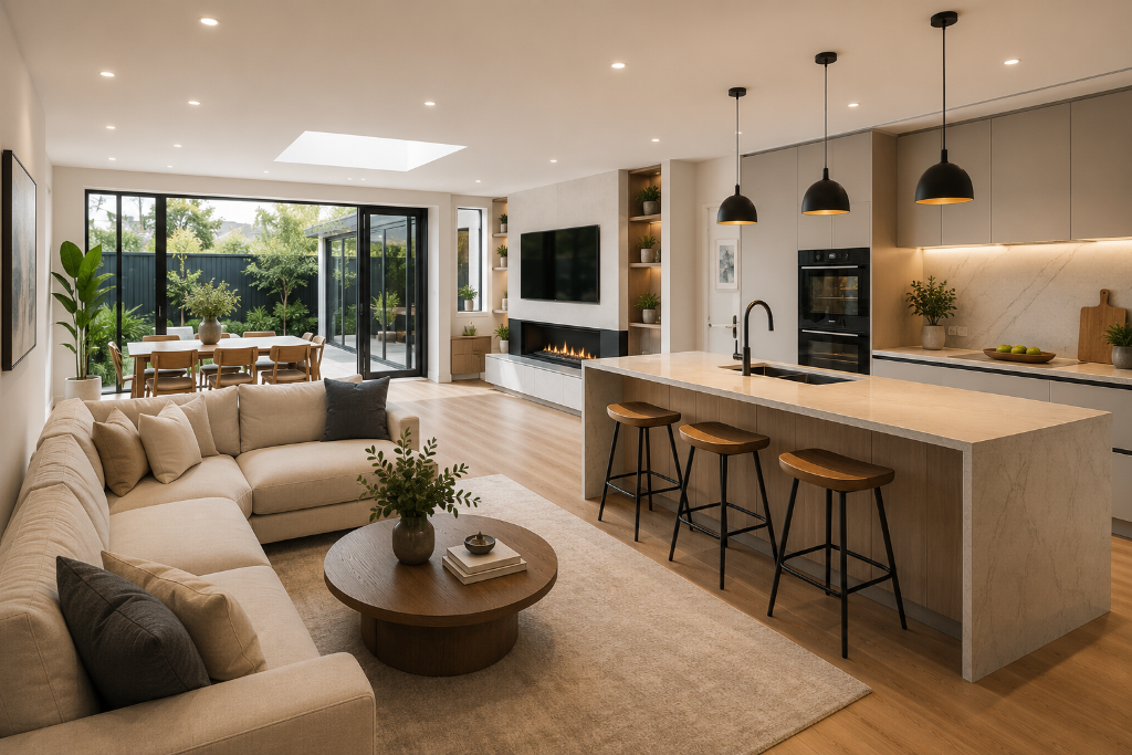 Luxury whole home renovation in Melbourne featuring a modern open-plan kitchen, dining and living area designed and built by Brownlow Building.