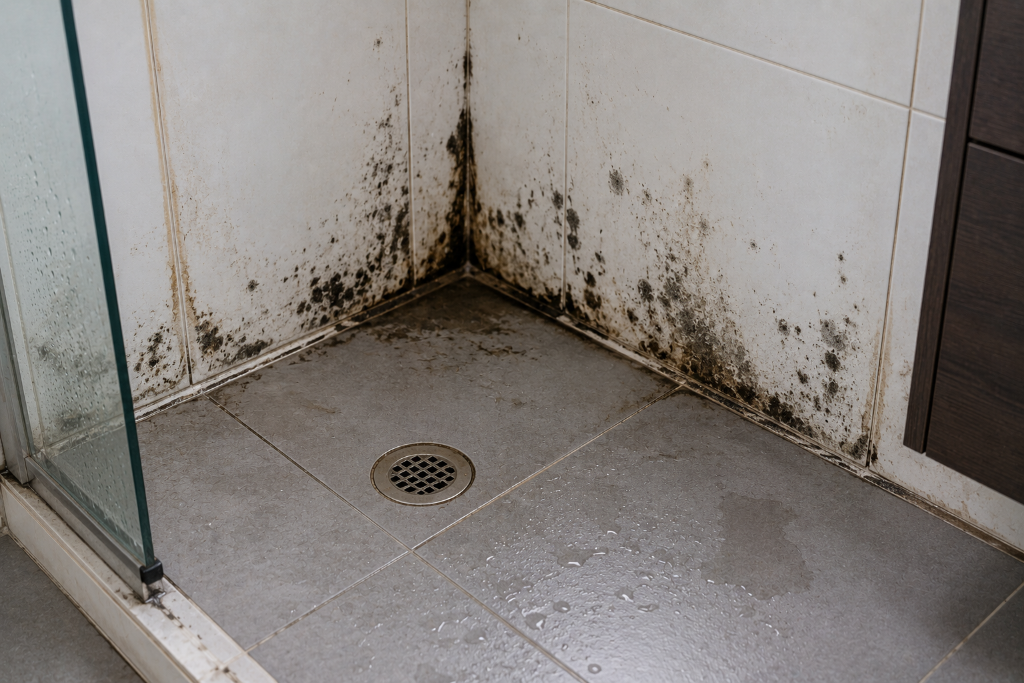 Bathroom mould and moisture damage repaired after waterproofing failure and water ingress.