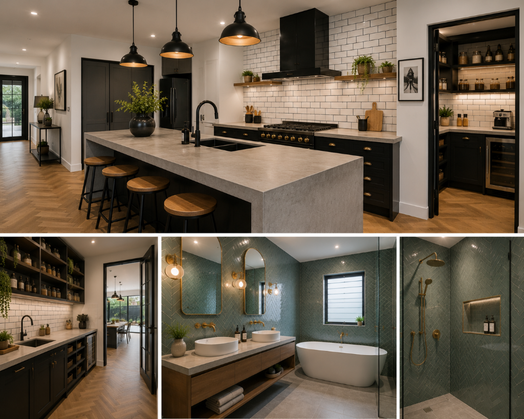 Premium luxury home renovation in Melbourne featuring an industrial-style kitchen with white subway tile splashbacks, contrasting black grout, concrete-look waterfall island, custom black cabinetry, oak herringbone timber floors, scullery and butler's pantry, alongside a spa-inspired bathroom with jade green herringbone feature wall tiles, brushed brass tapware, floating timber vanity, frameless glass shower and freestanding bath by Brownlow Building.