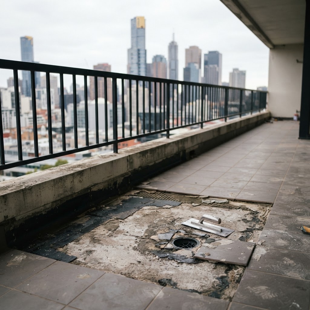 Failed balcony waterproofing exposed during preparation for rectification works