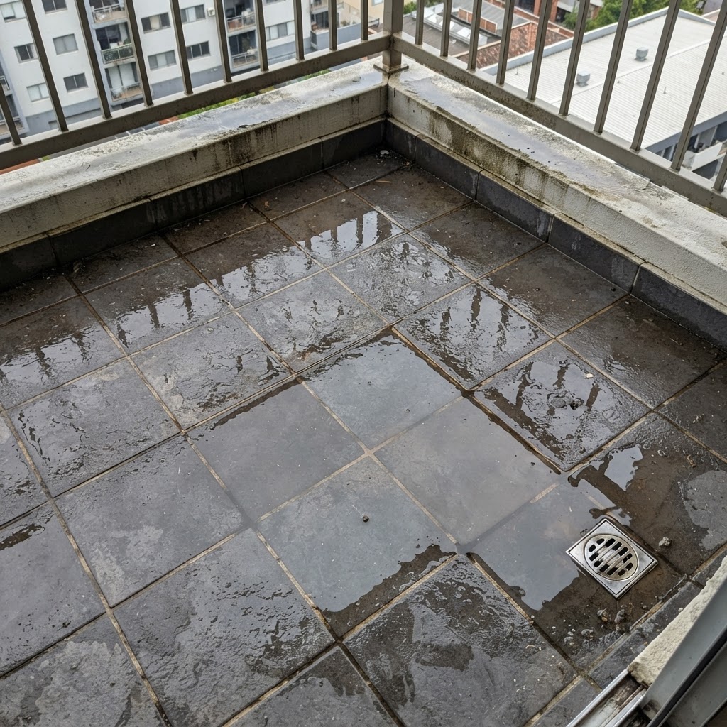 Ponding water on a tiled balcony caused by insufficient falls toward the drain