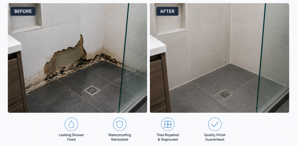 Before and after leaking shower repair in Brighton showing waterproofing repairs and bathroom restoration.