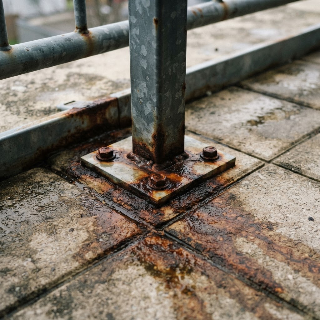 Rust staining around a balcony balustrade connection indicating possible moisture exposure