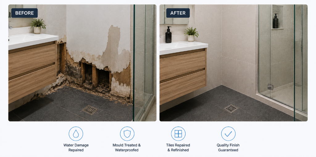 Before and after bathroom water damage repair in Hawthorn showing wall rectification and moisture damage restoration.