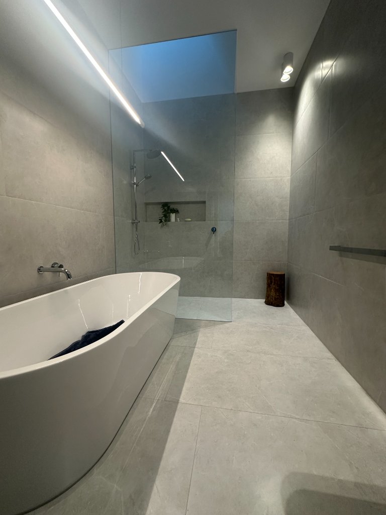 Skylight, linear light & full bathroom view