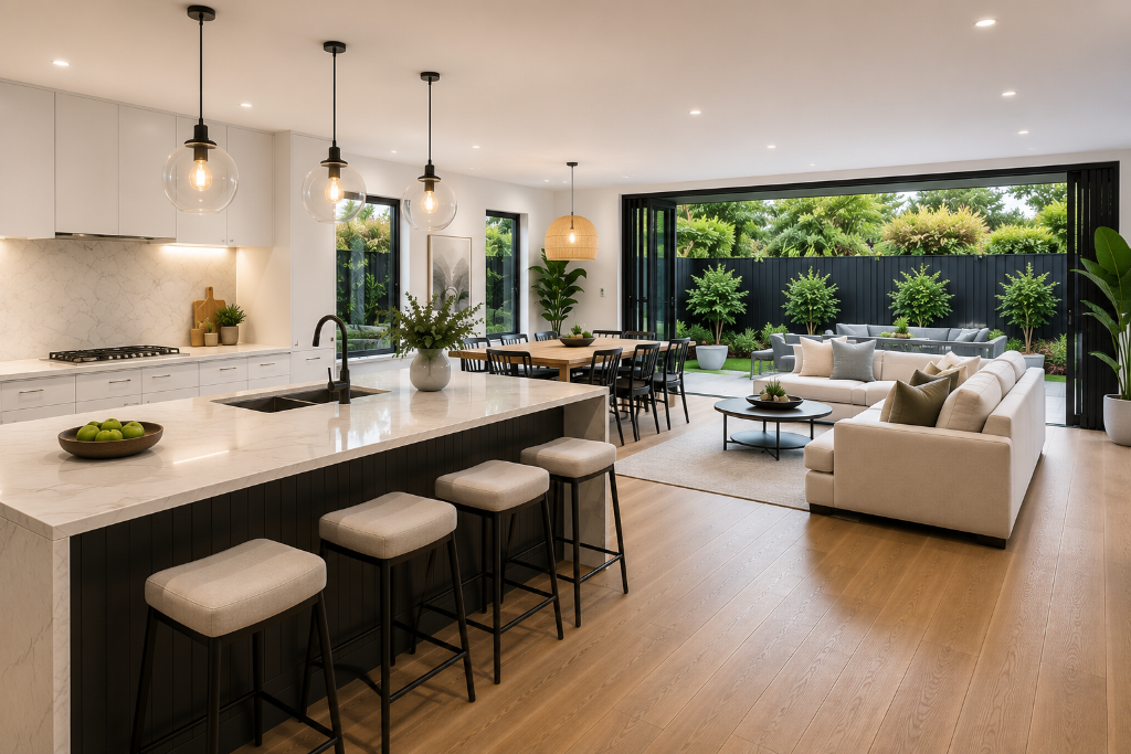 Luxury open-plan home renovation in Melbourne featuring a premium kitchen with a large stone island, open dining and living areas, expansive stacker doors, natural light and seamless indoor-outdoor family living by Brownlow Building.