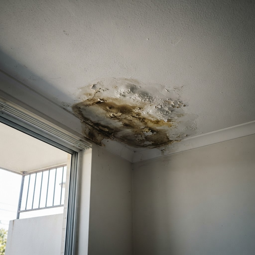 Water staining beneath a leaking balcony showing signs of balcony water ingress