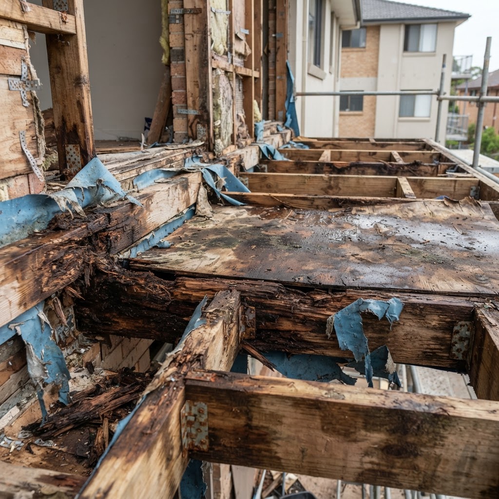 Water damaged timber balcony framing exposed during building rectification