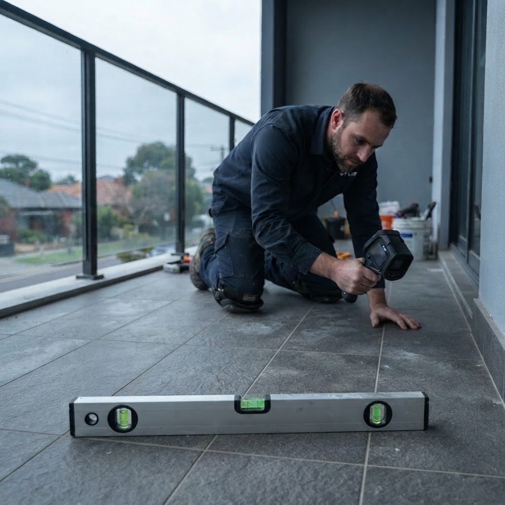 Balcony inspection using thermal imaging and a spirit level for water ingress investigation in Melbourne