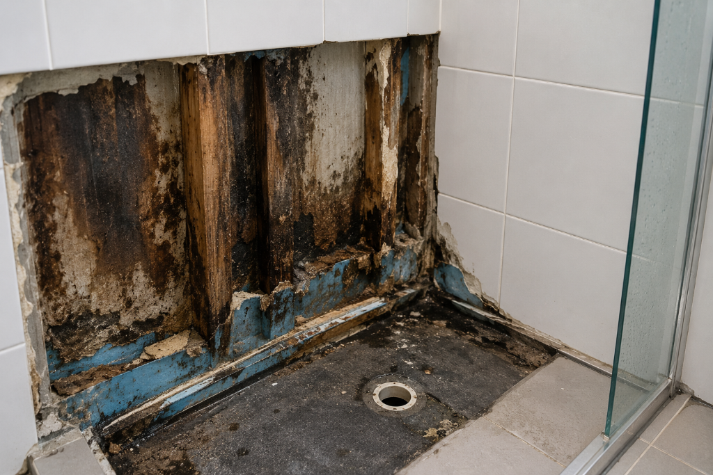 Hidden bathroom water damage and structural timber decay caused by a leaking shower and failed waterproofing.