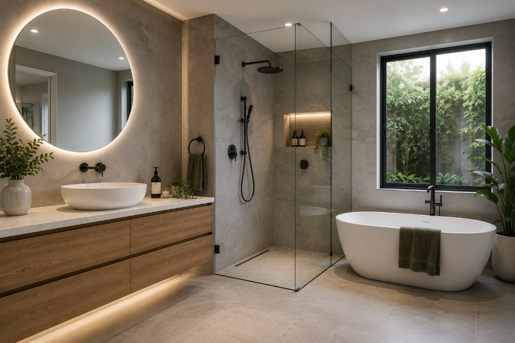Renovated Melbourne bathroom with premium fixtures, contemporary tiling and a modern vanity