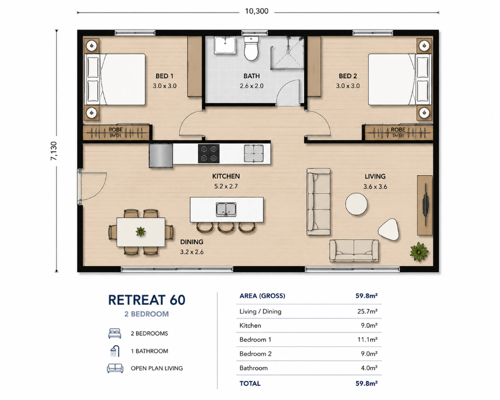 Retreat 60 2 Bedroom Floor Plan