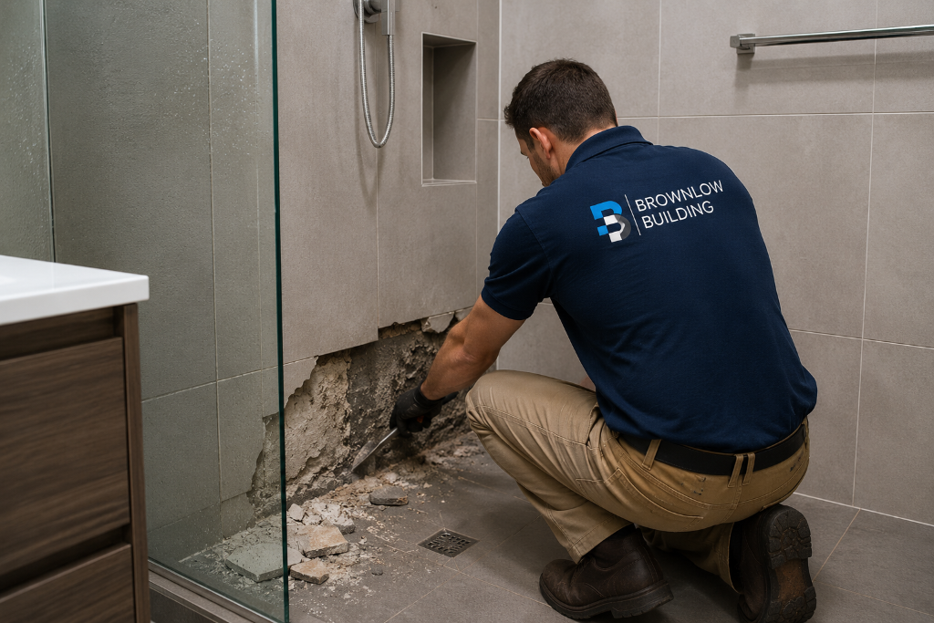 Licensed Melbourne builder repairing bathroom water damage caused by a leaking shower and failed waterproofing.