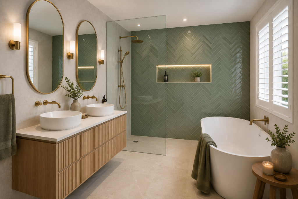 Contemporary bathroom renovation in Melbourne with jade green herringbone feature tiles to the rear wall, a floating timber vanity, stone benchtop, brushed brass fittings, frameless glass shower and luxury spa-inspired design by Brownlow Building.