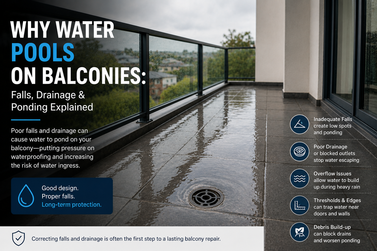 Ponding water remaining on a Melbourne balcony after rain due to inadequate drainage