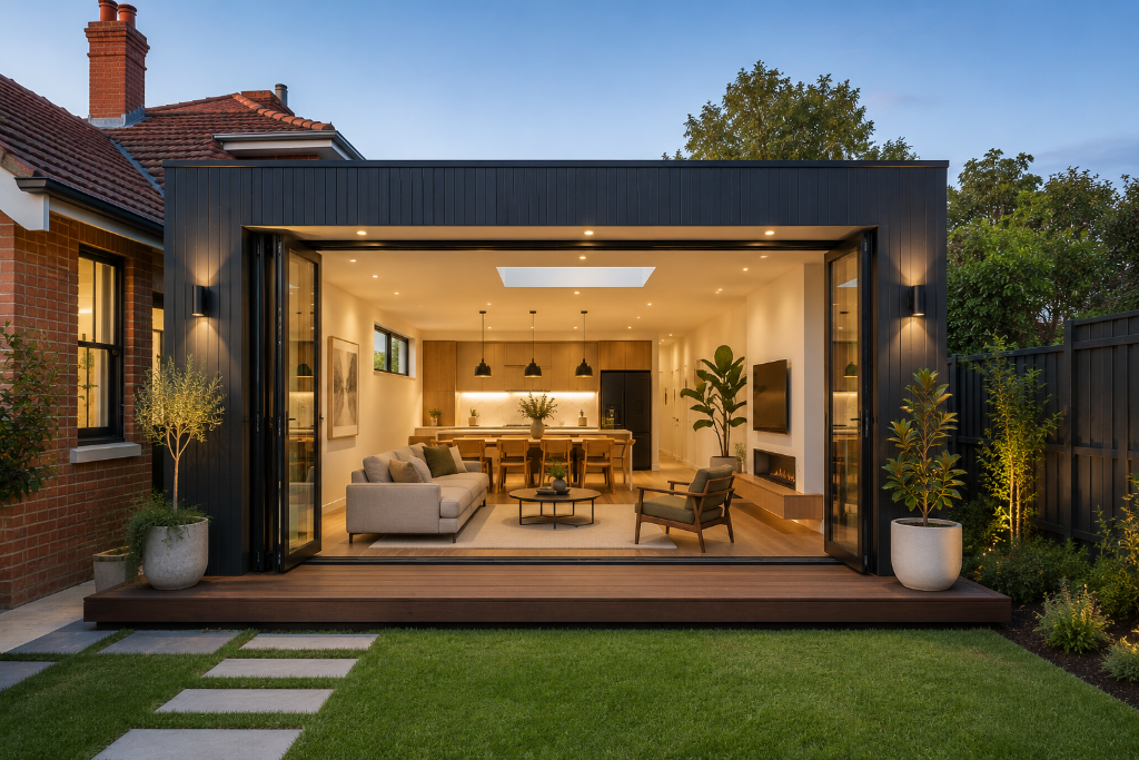 Luxury rear home extension in Melbourne featuring a modern open-plan kitchen, dining and living area, expansive sliding glass doors, landscaped backyard and seamless integration with the original home by Brownlow Building.
