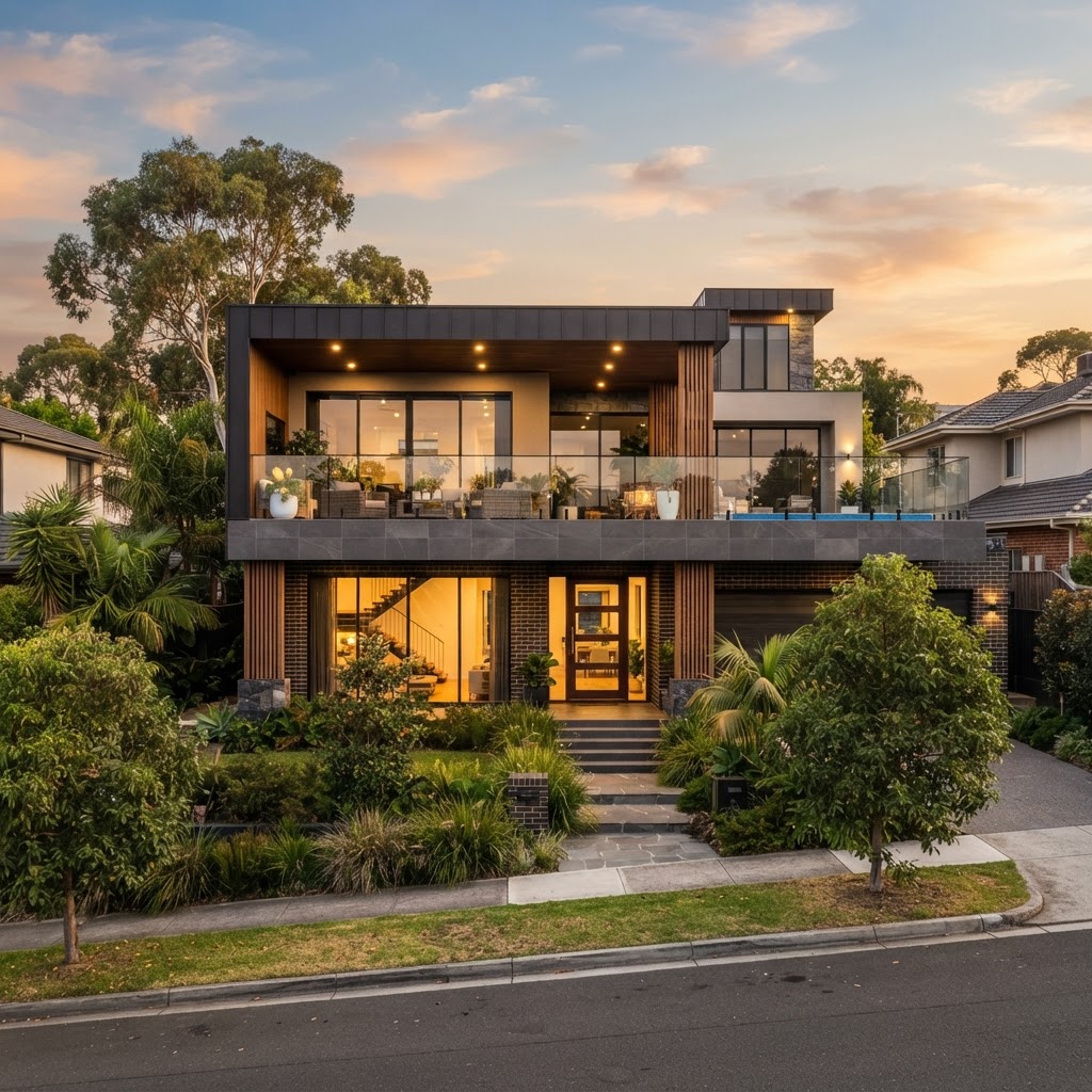 Premium Melbourne home with an upper-level tiled balcony and glass balustrade