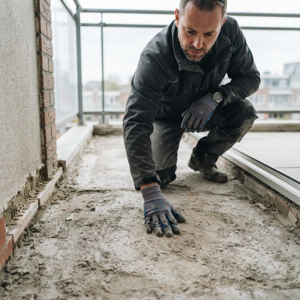 Balcony substrate being assessed before installation of a replacement waterproofing system