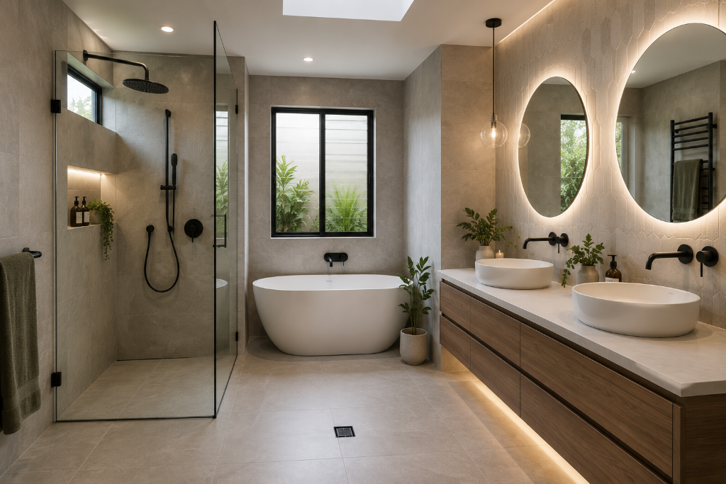 Modern complete bathroom renovation in Melbourne featuring freestanding bath, walk-in shower and custom double vanity