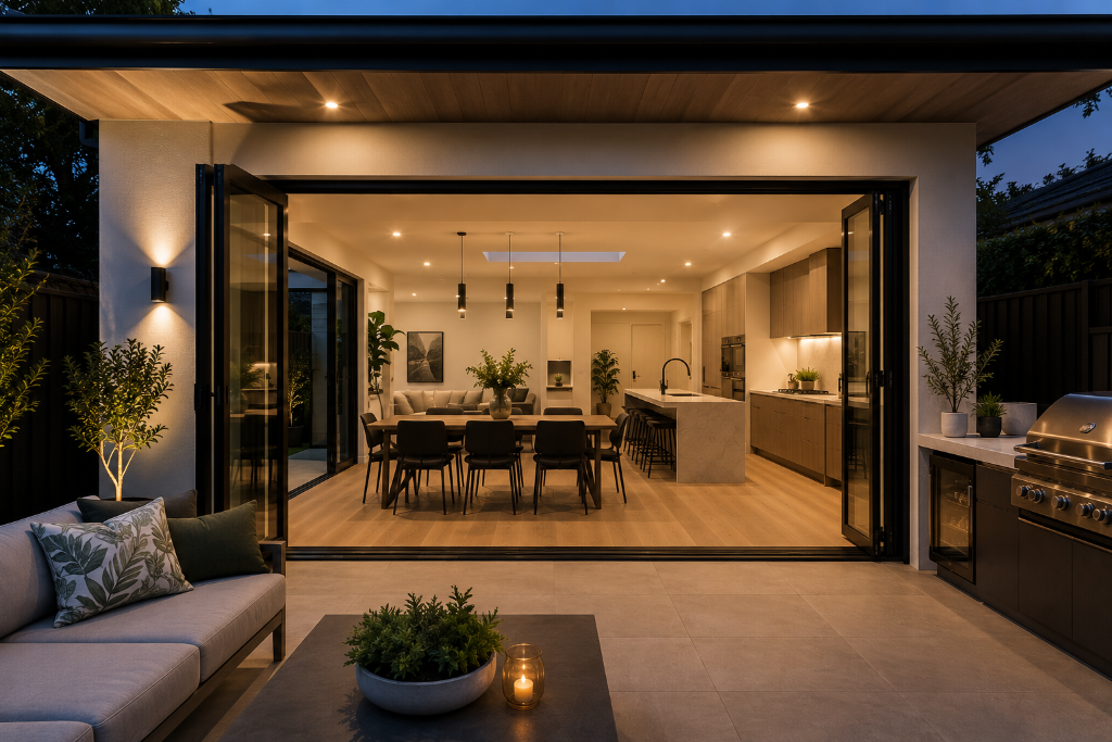 Premium outdoor entertaining renovation in Melbourne featuring a covered alfresco with built-in BBQ, designer outdoor kitchen, large stacker doors opening to a luxury open-plan kitchen, dining and living area, creating seamless indoor-outdoor entertaining by Brownlow Building.