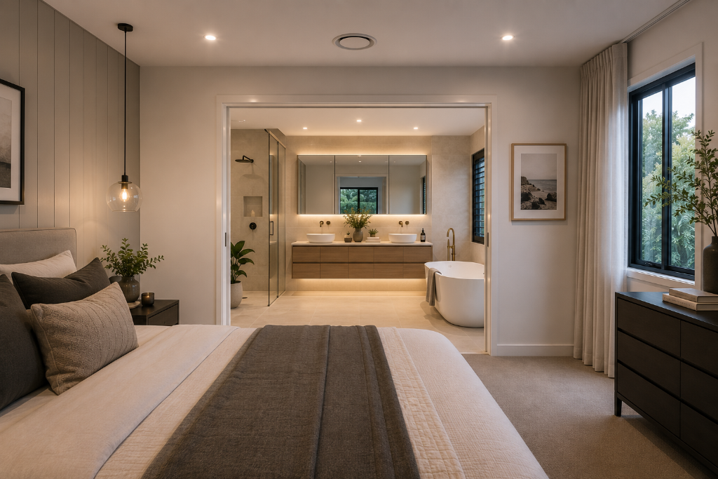 Premium master suite addition in Melbourne featuring a spacious bedroom with views into a luxury ensuite, including a floating double vanity, freestanding bath, frameless walk-in shower, natural lighting and high-end contemporary finishes by Brownlow Building.
