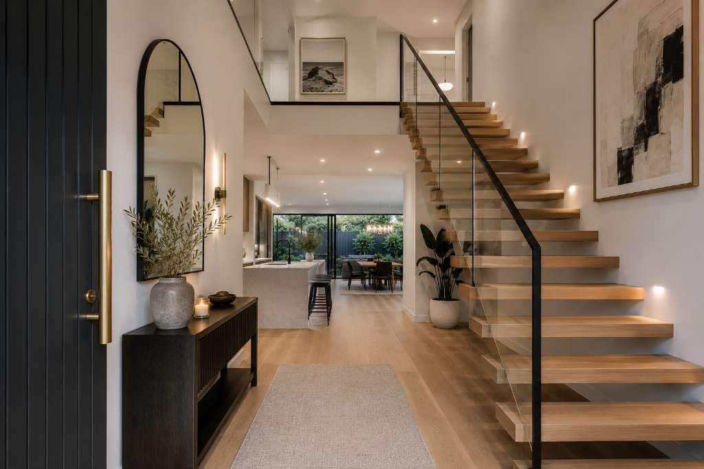 Luxury home renovation in Melbourne featuring a designer entry foyer with a floating timber staircase, glass balustrade, architectural lighting, custom joinery and views through to a premium open-plan kitchen and living area by Brownlow Building.