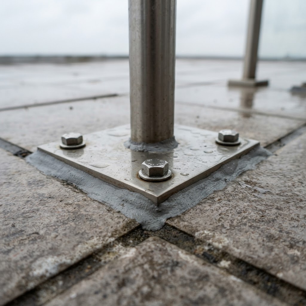 Close view of a balcony balustrade fixing at the waterproofed tiled surface