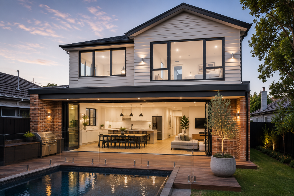 Luxury second-storey home extension in Melbourne featuring a contemporary upper-level addition, expansive open-plan kitchen and living area, large glazing, landscaped outdoor entertaining space and seamless integration with the original home by Brownlow Building.