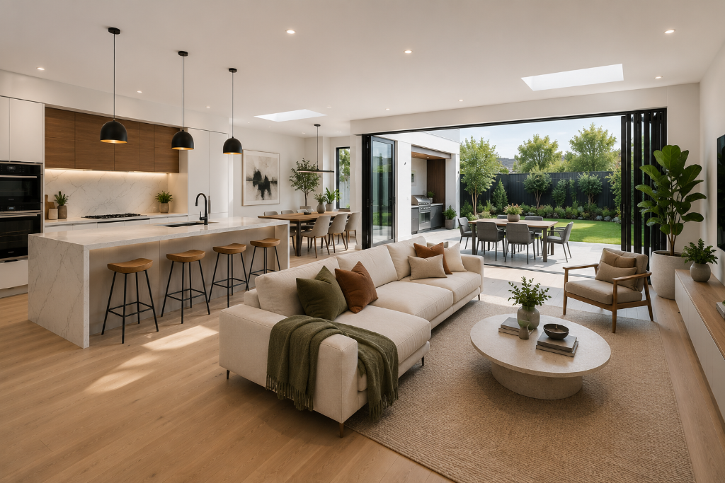 Modern open-plan living renovation in Melbourne featuring a spacious kitchen, dining and living area with seamless indoor-outdoor entertaining by Brownlow Building.