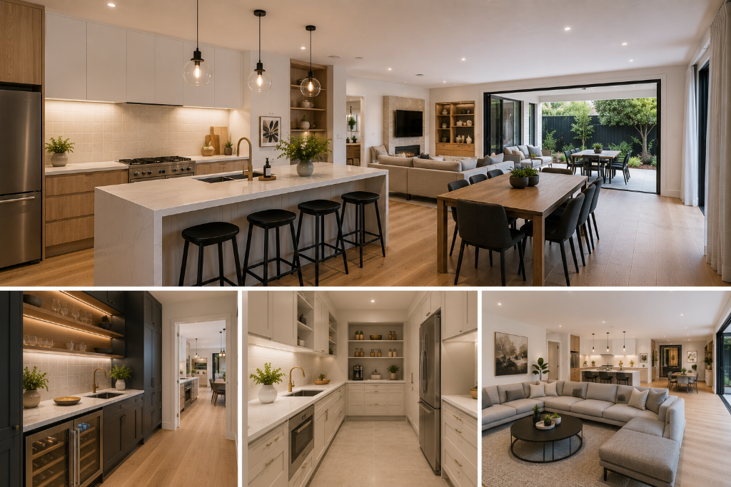 Luxury open-plan family living renovation in Melbourne featuring a custom designer kitchen with a large stone island, fully equipped scullery, walk-in butler's pantry, spacious dining area, comfortable family living room and seamless connection to an outdoor entertaining space by Brownlow Building.