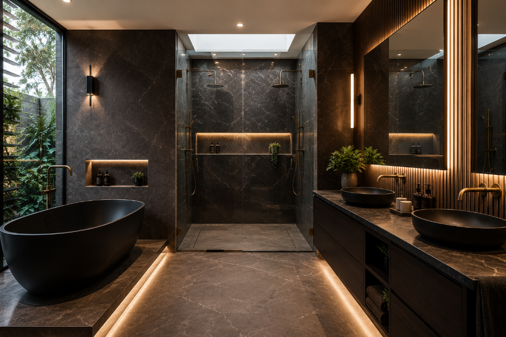 Luxury bathroom renovation in Melbourne featuring dark stone finishes, freestanding bath and premium designer fixtures