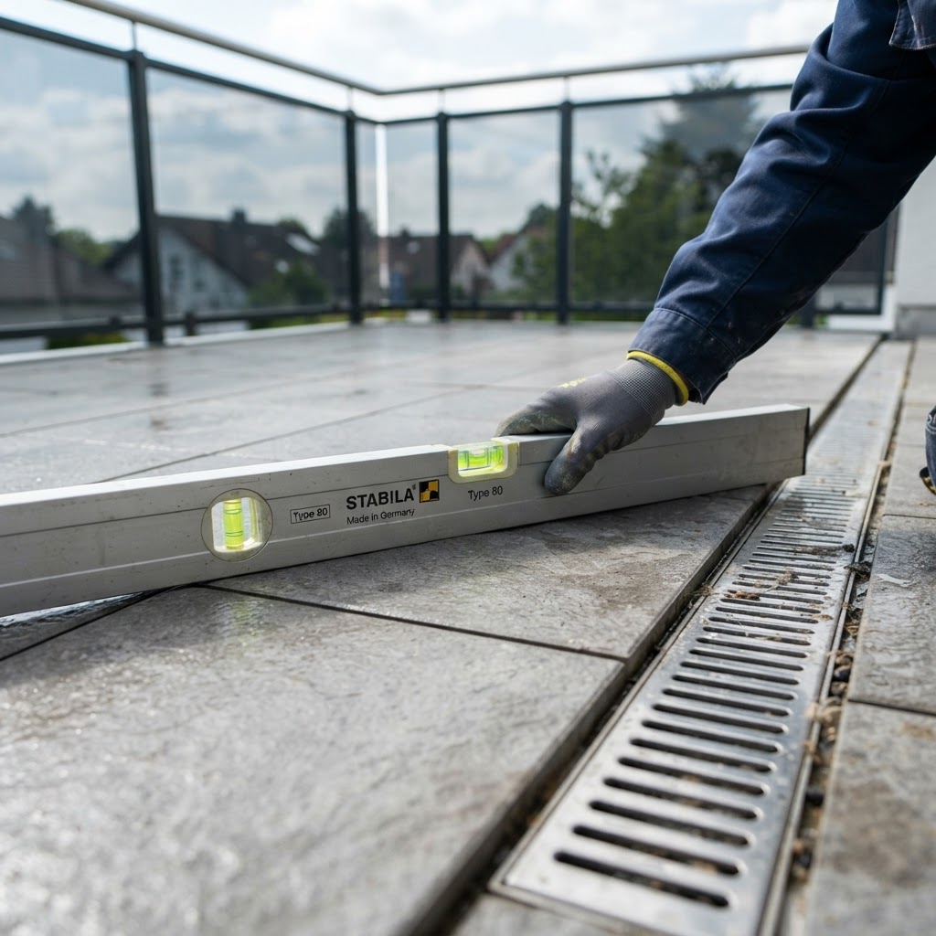 Builder checking balcony levels and falls with a spirit level during a water ingress inspection