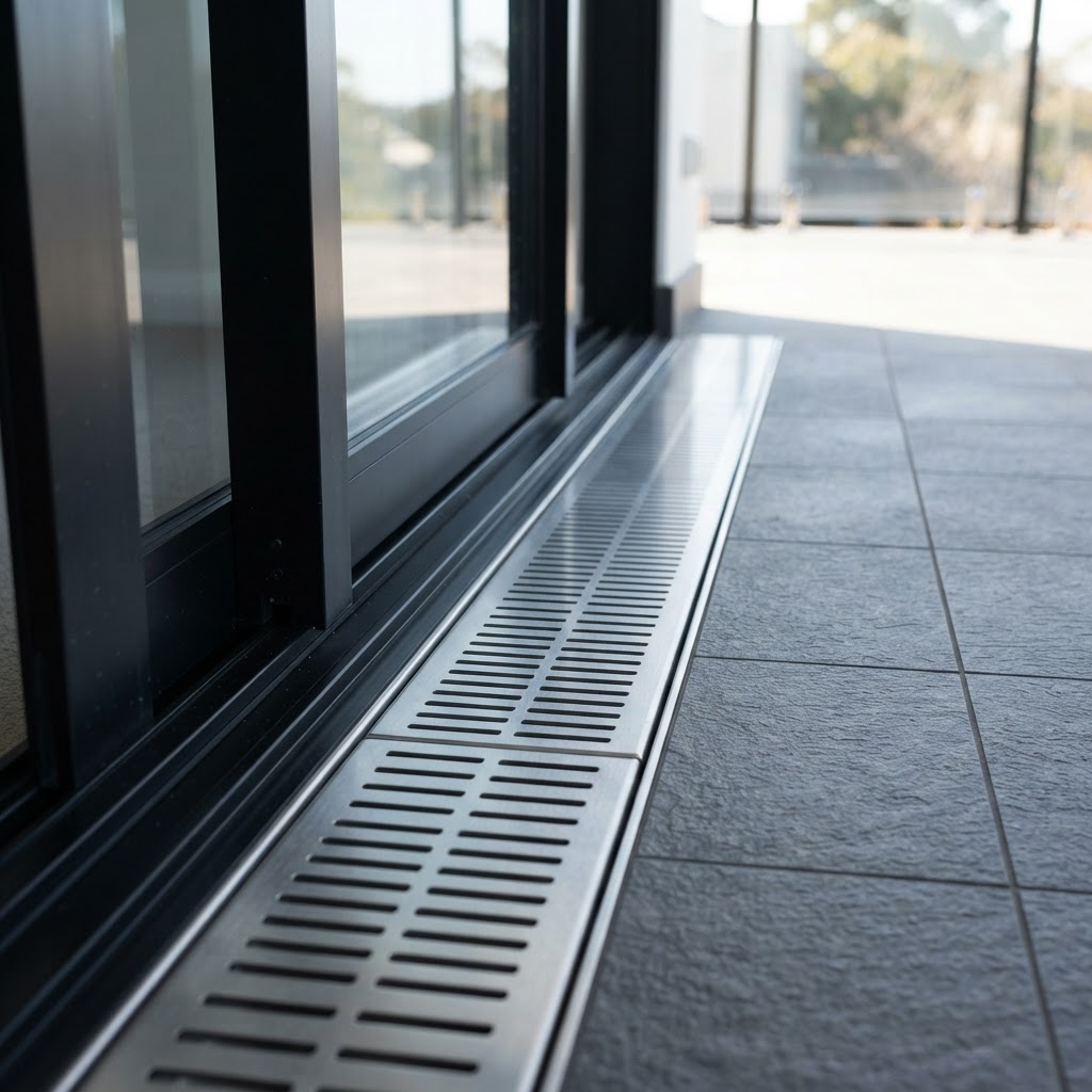 Balcony threshold and drainage interface designed to manage water near an external door