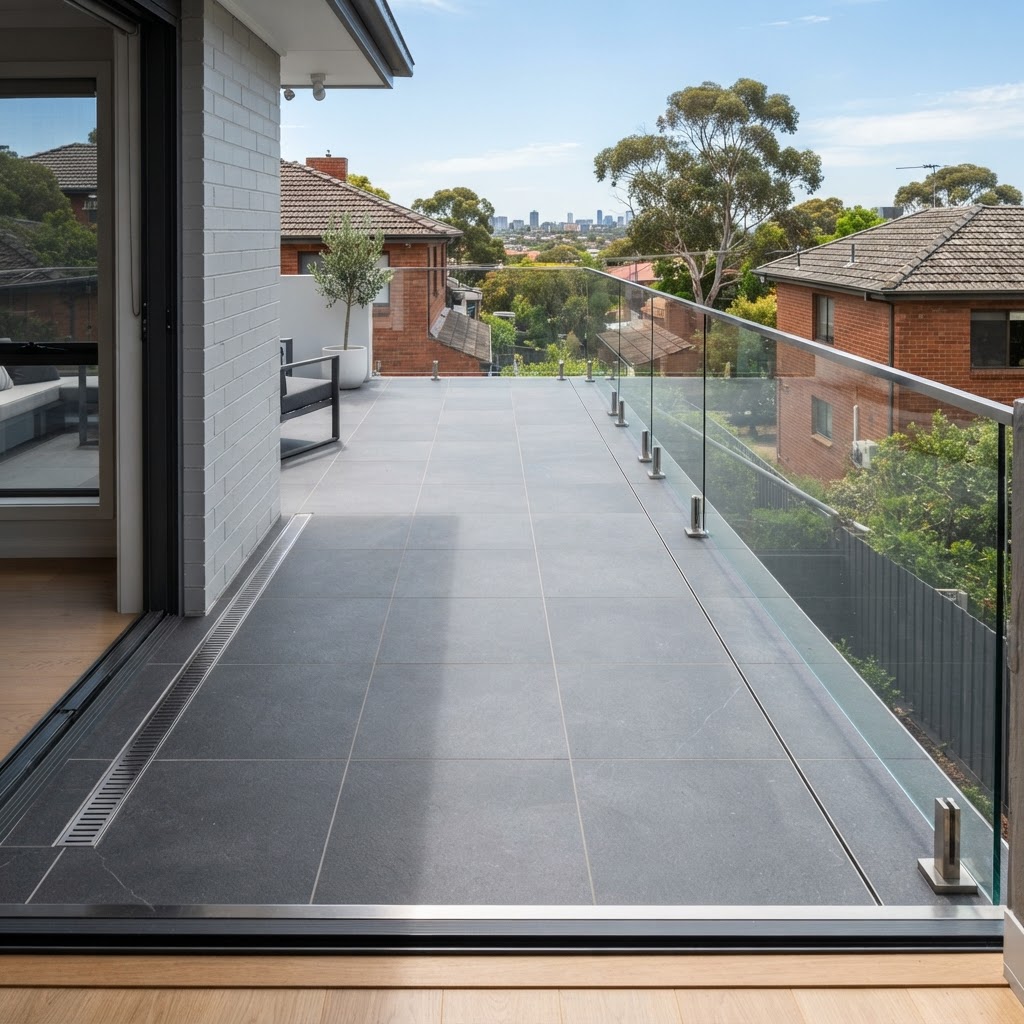 Completed balcony rectification with new tiles, correct falls and glass balustrade