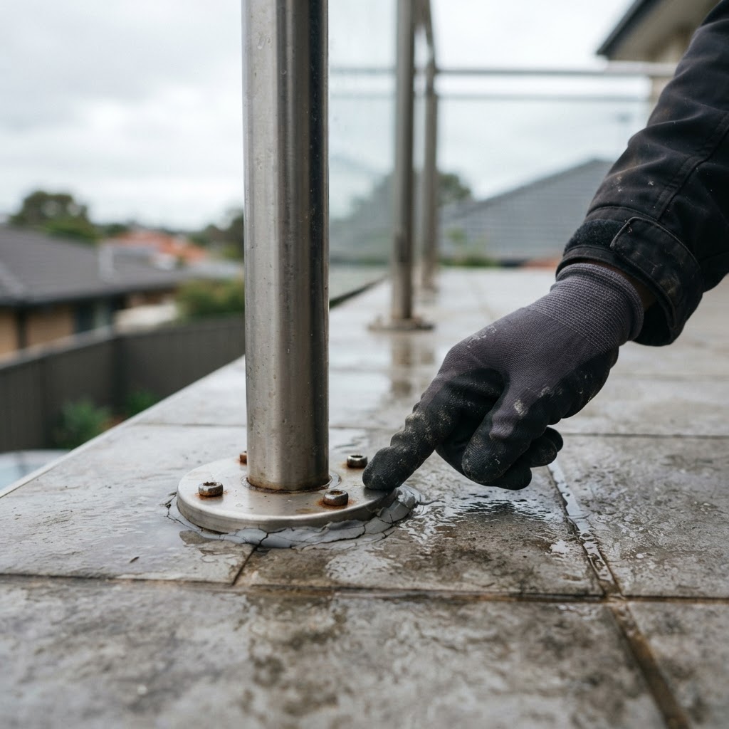 Balustrade fixing penetration being inspected as a potential balcony water entry point