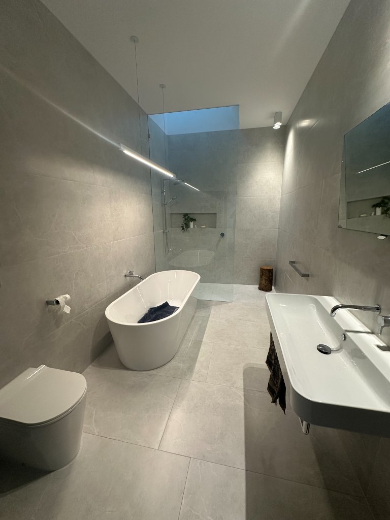 Full bathroom — freestanding bath, vanity & shower