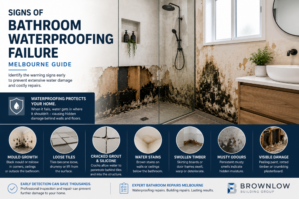 Failed bathroom waterproofing causing mould growth, water damage and loose bathroom tiles