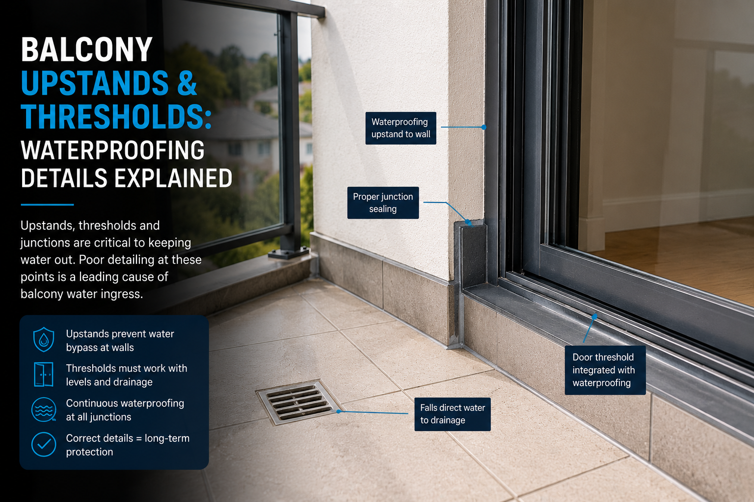 Balcony door threshold and waterproofing junction being inspected for potential water ingress