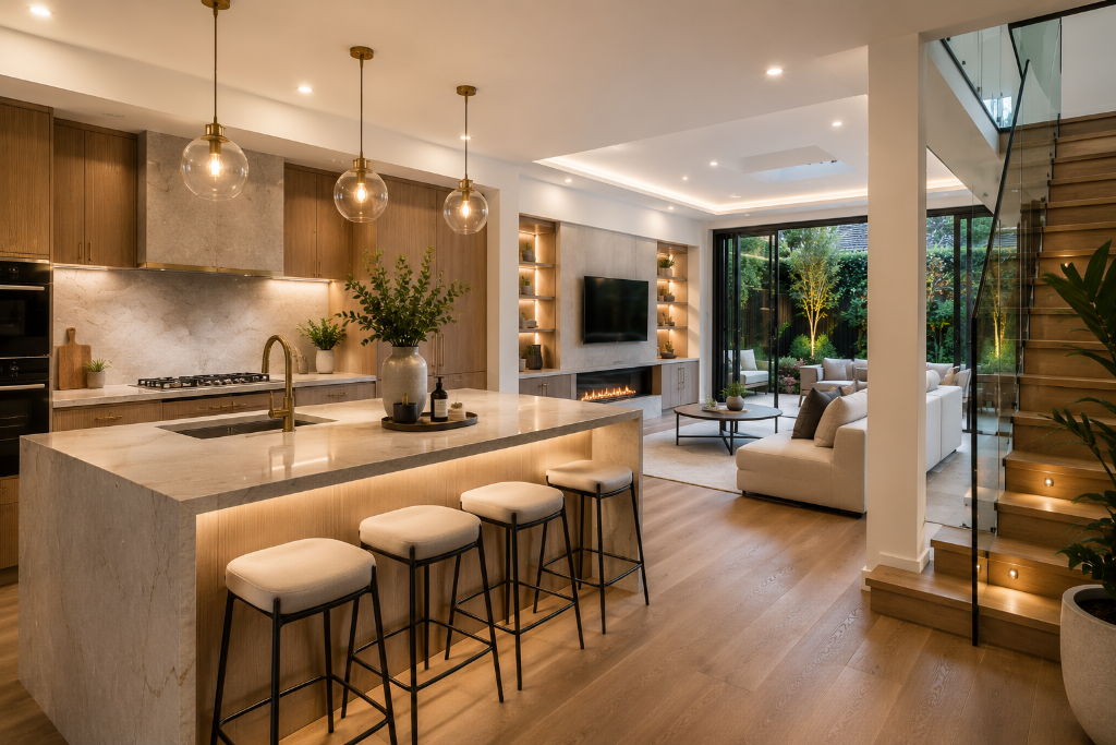 High-end luxury home upgrade in Melbourne featuring a custom designer kitchen with a stone island bench, bespoke timber cabinetry, open-plan living and dining areas, feature staircase, premium lighting and seamless indoor-outdoor entertaining by Brownlow Building.
