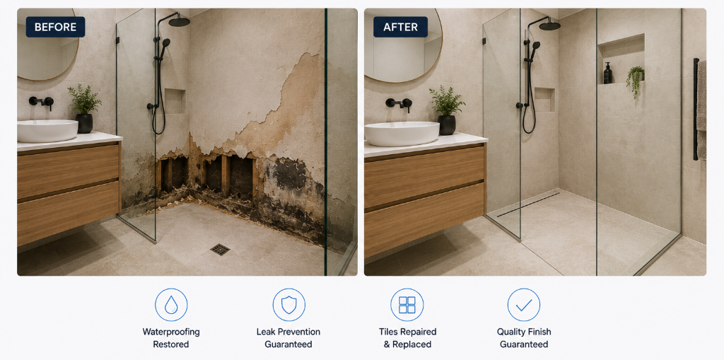 Before and after waterproofing failure repair in Brunswick with new compliant waterproofing and bathroom restoration.