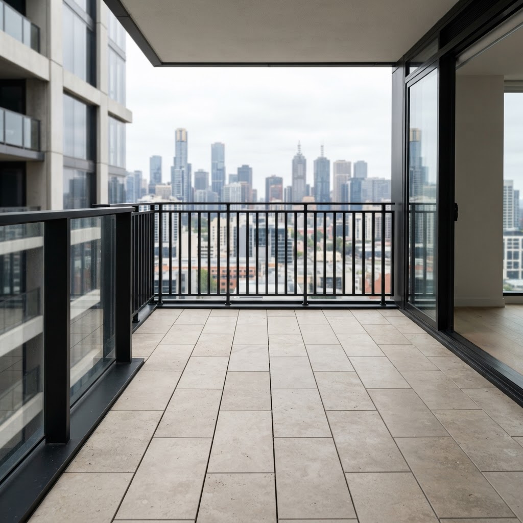 A completed Melbourne balcony finished with travertine pavers on adjustable pedestals after rectification works