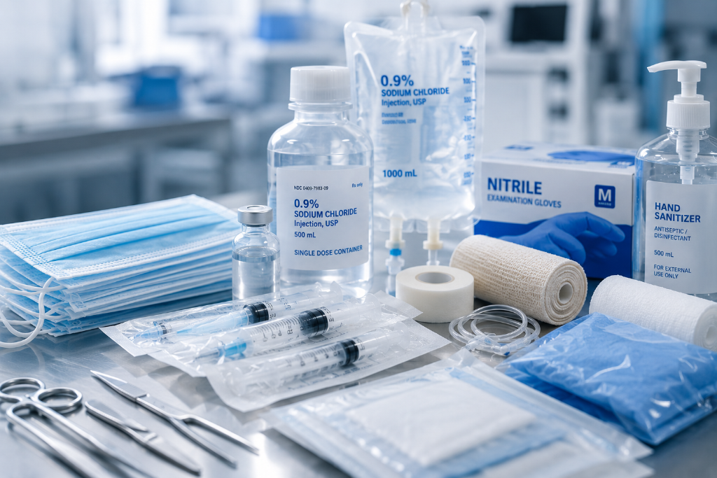 Clinical and surgical supplies on a stainless steel surface