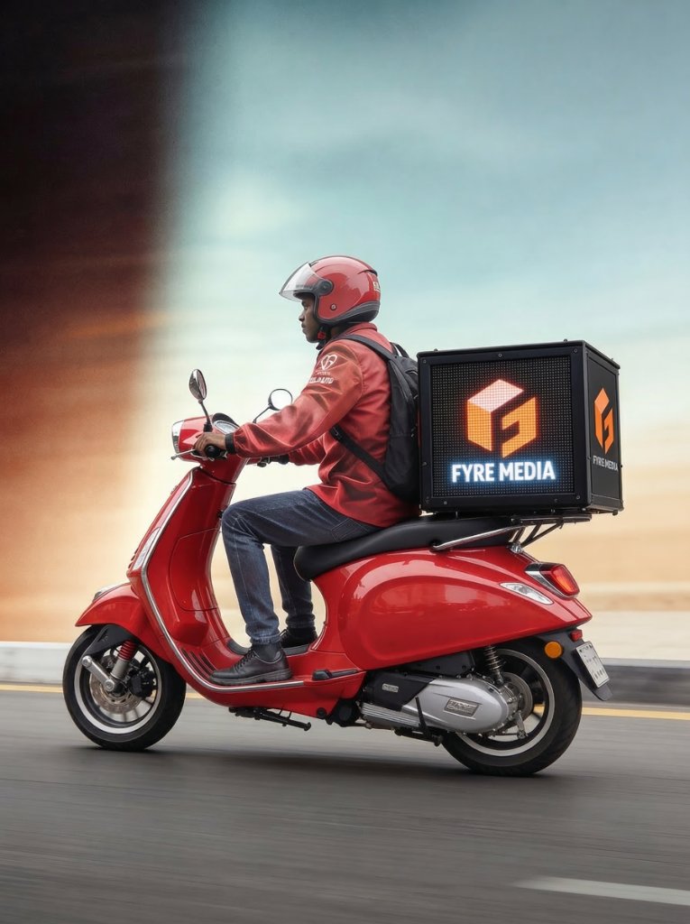 Fyre Media Box on a delivery motorcycle.
