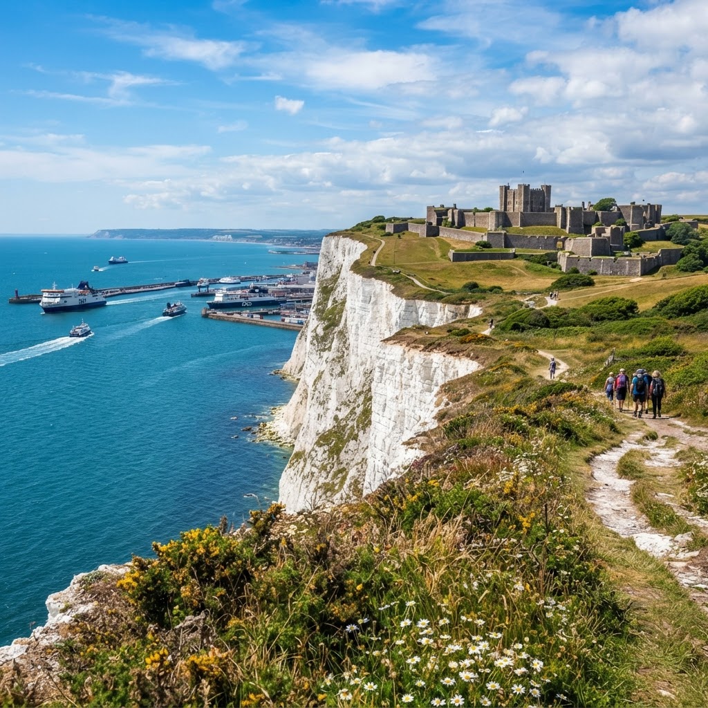 Aerial view of the White Cliffs of Dover overlooking the English Channel