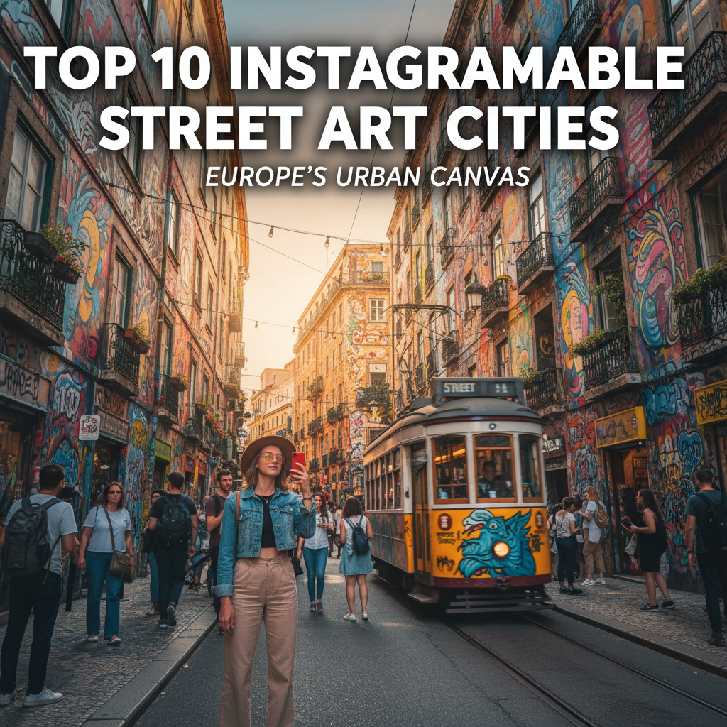 Vibrant street art and tram in a colorful urban alley, showcasing Europe's top Instagrammable cities.