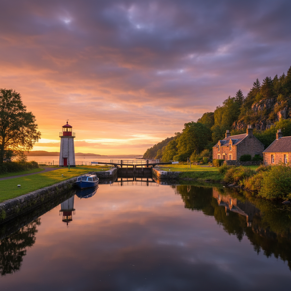 View of the Caledonian Canal at Clachnaharry with scenic landscapes