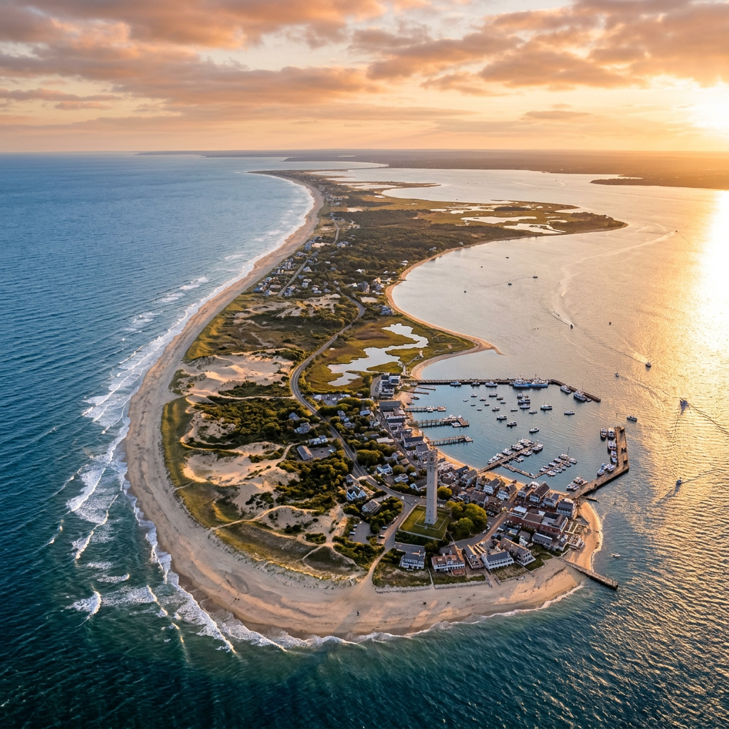 Beautiful seaside view of Cape Cod with sandy beaches and clear skies