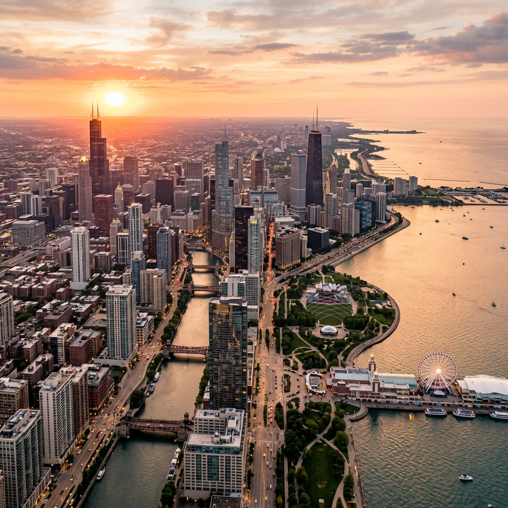 A vibrant view of Chicago's skyline with popular attractions highlighted.