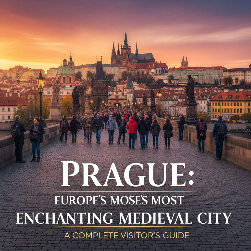 Aerial view of Prague's historic skyline featuring the iconic Charles Bridge and old town architecture.